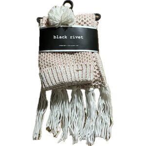 Black Rivet 2 Piece Set Cozy Knit Scarf & Hat With Pom-Pom Tassels NEW